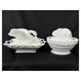 2 Milk Glass Candy Dish Baskets / Rabbit & Swan