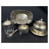 4 Sterling & Glass Table Pieces Tea/ Sugar/Bowl