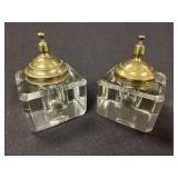 Pair of Clear Cut Crystal Inkwells w/ Brass Lids