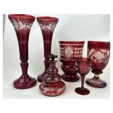 6 Pc. Lot Bohemian Cut to Clear Ruby Glass Vessels