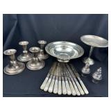 19 Pc. Sterling Candlesticks, Bowls, Knives & More