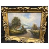 Pastel Landscape Cottage by River w/Sailboats