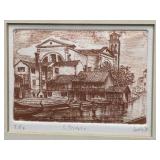 Signed Etching B.Trovaso Venice Canal Cityscape