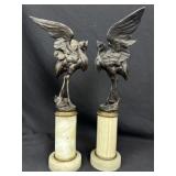 Pair of Bronze Heron Figures on Marble Columns
