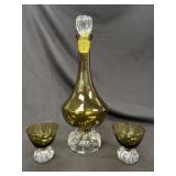 MCM Green Amber Glass Decanter & 2 Glasses