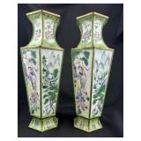 Pr. Lime Enamel Handpainted Chinese Famile Vases