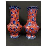 Staffordshire Porcelain Hexagonal Floral Vase Pair