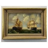 T. Bale Signed Oil on Canvas Naval Battle 19thC.