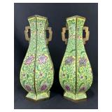 Pair Antique Chinese Canton Copper & Enamel Vases