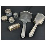Sterling Vanity Set w Brush, Mirror,Crystal Jars &