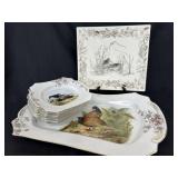 French Porcelain Dinnerware w/Water Fowl 9 Pcs