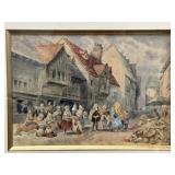 Antique European Watercolor Market Street Scene