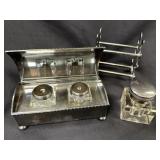 William Adams Silver Inkwell Desk Set wQuill Rack