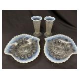 4 Opalescent White Glass Vases & Bowls
