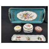 5 Gilt Porcelain Vanity Trays & Jars