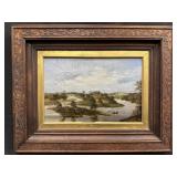 European Oil Serene River Landscape w/Castle