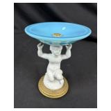 French Blue Opaline Glass Cherub Pedestal Compote