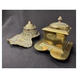 2 Brass Inkwells incl. Deposé 48 w/ Quill Tray