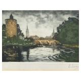 E. Law Signed Antique Color Etching European Canal