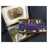 Victorian Wooden Sewing Box & Sewing Accessory Lot
