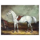 English School Signed Gray Equestrian Oil Painting