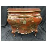 Red Lacquer Chinoiserie 3-Drawer Bombe Chest