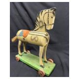 Vintage German Painted Wooden Wheel Horse Pull Toy