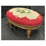 Victorian Carved Wood Floral Needlepoint Footstool