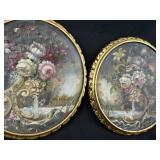 Antique Pair Floral Round Still Life Oil Paintings