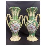 Pr Dbl Handled UrnRococo GreenGilt Porcelain Vases
