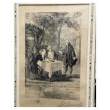 Signed Adrian Marcel French Etching Men at Table