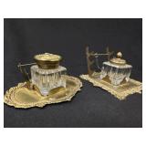 2 Antique Crystal & Gilt Inkwell Setsw/Quill Rests