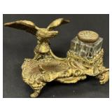Gilt Bronze Eagle Crystal Inkwell Set wQuill Rack