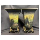 Pr Black & Gold Metal Handpainted Tole Planters