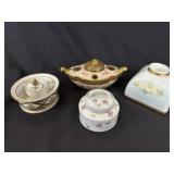 4 Antique Hand-Painted Porcelain Ink Wells