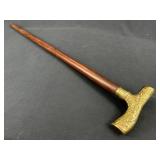 Vintage Wood Walking Cane w/ Embossed Brass Handle
