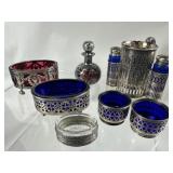 7pc Silver Condiment Holders w/Cobalt & Ruby Glass