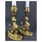 French Gilt Bronze Pr Griffin Candlestick Holders
