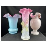 3 Handblown Ruffled Pink Cased Glass Vases