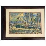 Maritime Watercolor Painting Boat & Longshoremen