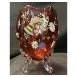 Cranberry Art Glass Footed Vase w/ Enameled Floral