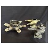 Three Bronze Multi-Spout Oil Lamps Bird Finial