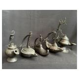 5 Islamic Bronze "Aladdin" Style Snuffer Oil Lamps