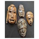 4 African Hand-Carved Wood Tribal Face Masks Lot