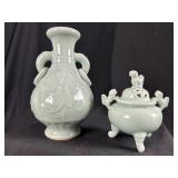 2 Chinese Celadon Porcelain Qianlong Marked Vase &