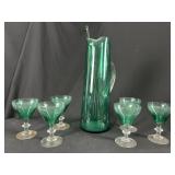 8 Pc MCM Emerald Green Art Glass Cocktail Set