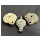 3 Egypto-Roman Frog Motif Pottery Oil Lamps
