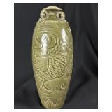Chinese Celadon Carved Fish & Lotus Vase