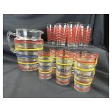 MCM Retro Banded Glass Pitcher & 10 Tumblers