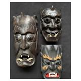 3 Japanese Noh Carved Wood Oni Masks Devil Demon